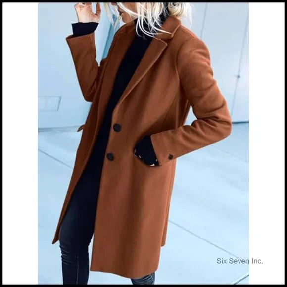 Notched Lapel Peacoat Loose Fit Trench Coat Classic Elegant Winter Outerwear - Picture 4 of 7